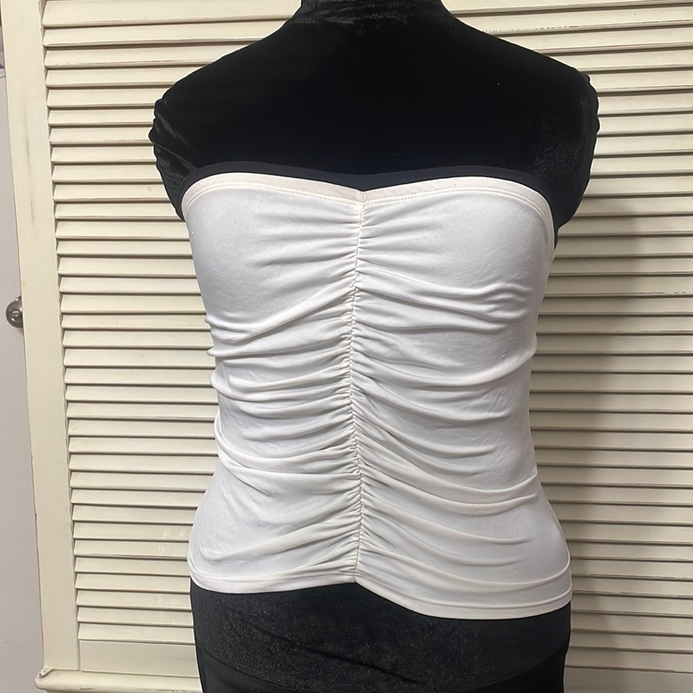 White ruched  top white black band at top.